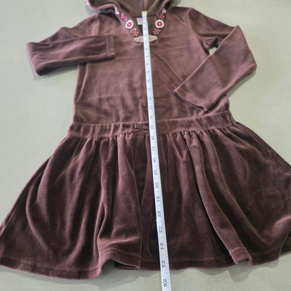 Gymboree‎ Girls Brown Velour Hooded Dress Hearts Embroidery Size 8 0905